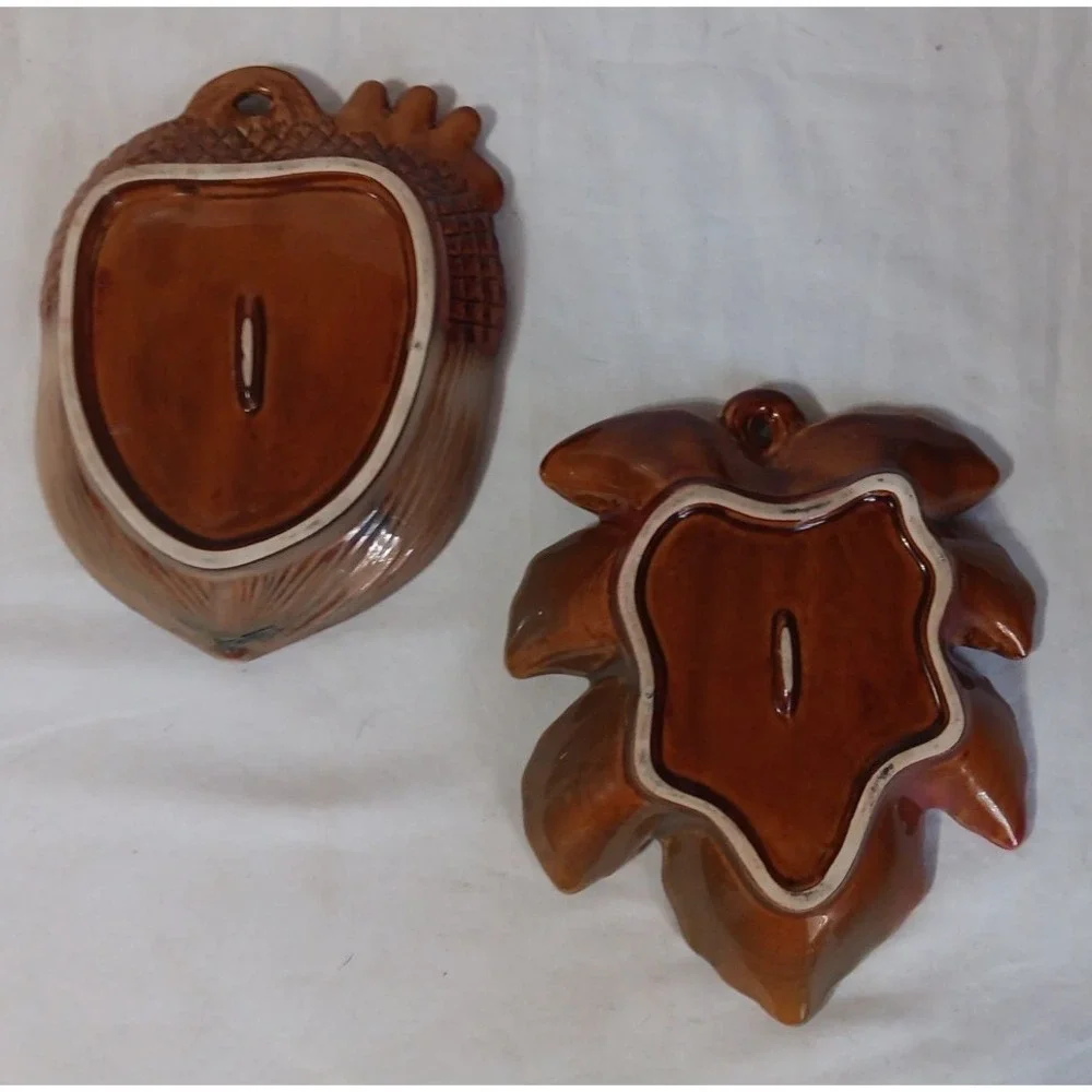 Pair Fall Ceramic Trinket Dishes Trays Acorn Maple Leaf Keys Candy Change Bowls‎